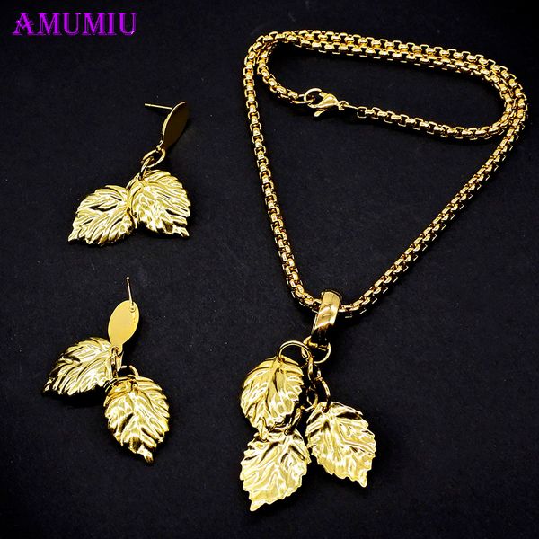 

amumiu jewelry sets leaves african geometric square jewelry set chain women nigerian wedding gold multi layer necklace js074, Silver