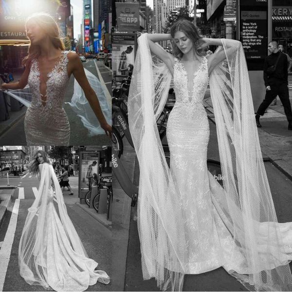 

berta 2019 mermaid wedding dresses with cape lace appliqued beads sheer v neck bridal gowns vestido de novia sweep train wedding dress, White
