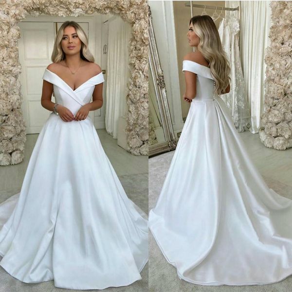 

simple elegant a line wedding dresses off shoulder pleats satin bridal gowns sweep train wedding dress vestidos de noiva, White