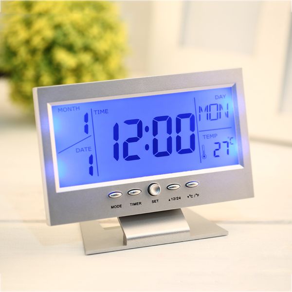 

2018 household voice control back-light lcd alarm desk clock weather monitor calendar with 147*56*115mm(l*w*h