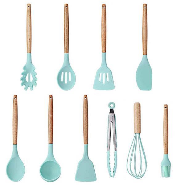 

9 pieces cooking tools set silicone kitchen cooking utensils set with bamboo holder turner tong spatula spoon set