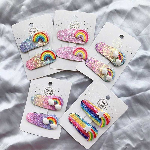 

fashion girls headwear set rainbow hair clips children shiny hairpins hair accessories 2pcs, Slivery;white