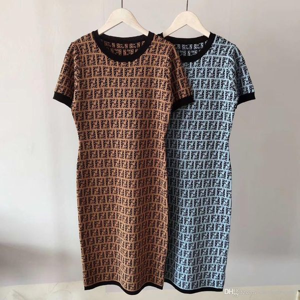 

высокое качество новый 2020 летняя мода вязаный свитер платье женщины круглый вырез короткий рукав тонкий платье, Black;gray