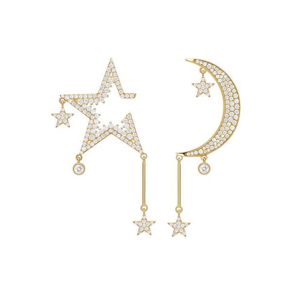 

925 sterling silver cz crystal stars moon earring fashion asymmetric ab earrings yellow gold color tassel chain jewelry