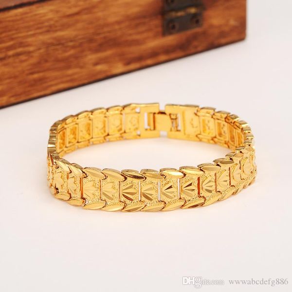 

new eternal classics wide bracelet 24k real solid yellow gold gf dubai bangle women men's trendy hand watchband chain jewelry, Black