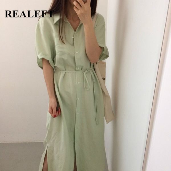 

realeft 2020 new women's summer dresses elegant solid chic shirt dress lace up single breated casual loose dresses female, Black;gray