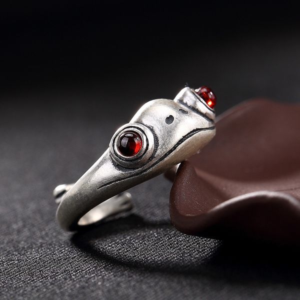 

wisoka 999 silver frog rings women ethnic vintage opening finger ring fine jewelry nature garnet red handmade cute, Golden;silver