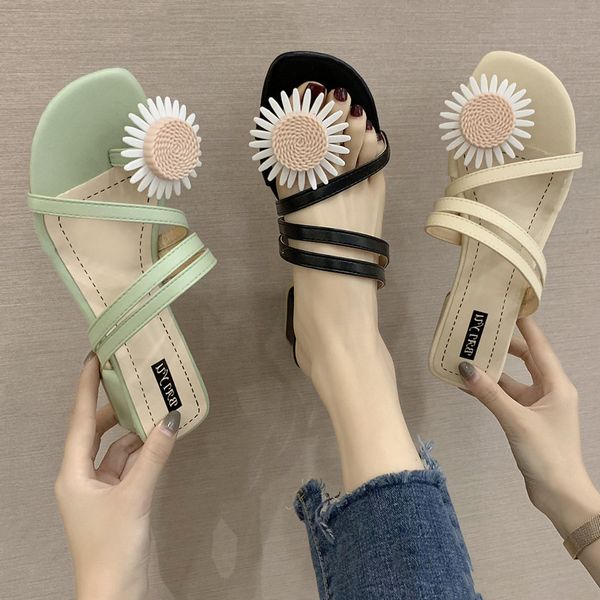 

shoes slippers casual rubber flip flops med flower slipers women square heel slides hawaiian soft summer 2020 block, Black