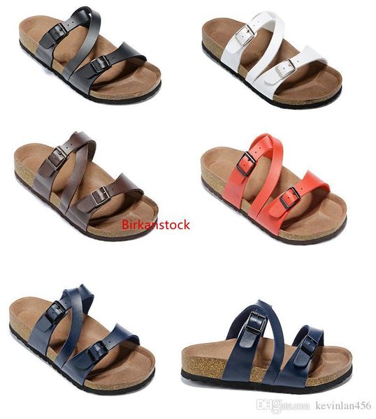 

новая корова кожа тапочки белый красный mens flat sandals женская обувь две пряжки моды дизайн arizona summer beach лучшие качества с origna