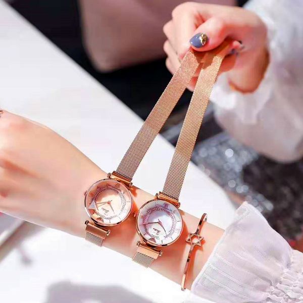 

2019 korea new design watch creative concise starry sky dial clock steel mesh magnet buckle student quartz watches, Slivery;brown