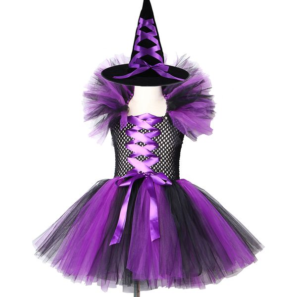 

purple black girls witch tutu dress with hat children halloween cosplay costume clothes tulle girls fantasy carnival party dress, Red;yellow