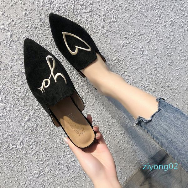 

горячая распродажа-2019 весна женская обувь тапочки флок письмо женские мулы мода низкие каблуки острый носок сандалии элегантная женщина та, Black