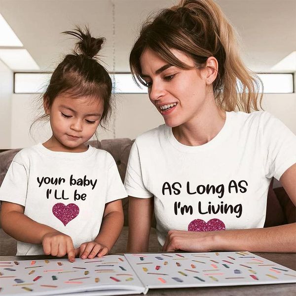

family matching outfits summer mother daughter heart cotton t-shirt clothes mom and me baby letter print tshirt family look new, Blue