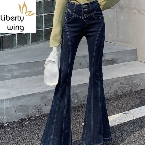 

high waist single breasted flare jeans women vintage splice trousers streetwear slim fit office lady bell-bottomed denim pants, Blue