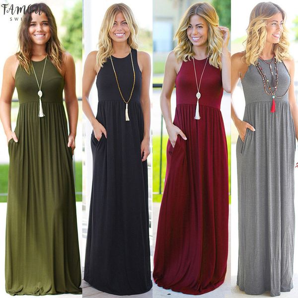 

female solid long boho dress lady beach summer sundrss maxi dress women's sleeveless solid color pocket dress vestido de verano, Black;gray