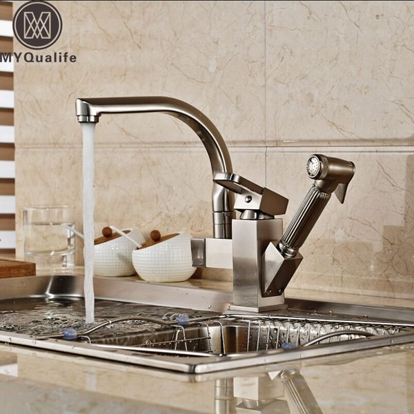 

deck mount kitchen sink mixer faucet one handle washing kitchen taps with cold water brushed nickel pull out shower sprayer