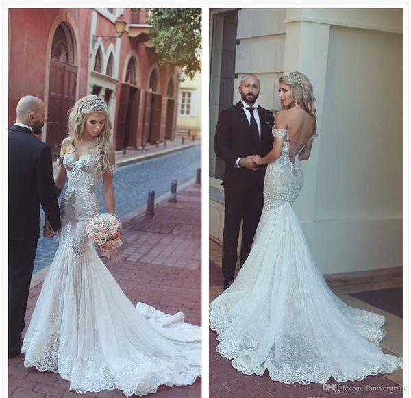 

2019 mermaid illusion wedding dress lace off shoulders long backless church garden bride bridal gown custom made plus size, White