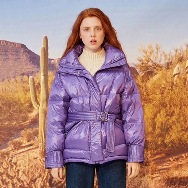 

2019 autumn new ladies cotton padded jackets short length casual bread down jackets lapel purple lace up winter warm parkas, Black