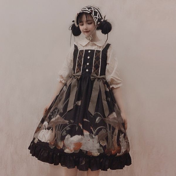 

sweet lolita dress retro temperament cute bowknot printing victorian dress kawaii girl gothic loli cos gothic lolita jsk, Black;red