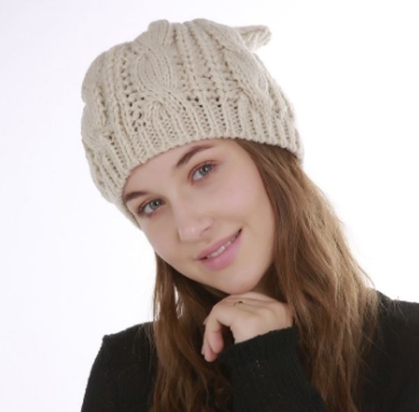 

autumn winter new solid color casual knitting warm caps women's jacquard cross cat ears cute wool hat single layer hats wholesales, Blue;gray