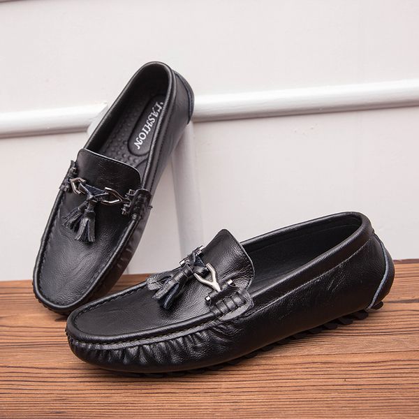 

men shoes men genuine leather loafers soft casual cowhide driving shoes comfortable slip on moccasins loafers, Black