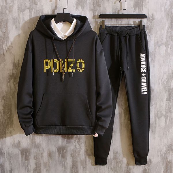 

self built station 2020 new style hoodie suit sportswear two-piece set men loose casual coat hooded, Black