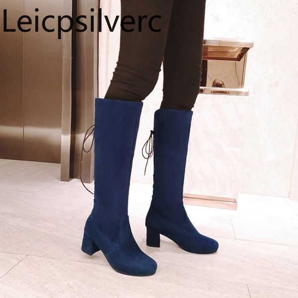 

women's boots autumn and winter the new fashion round head lace-up thick heel mid heel high tube women's shoes plus size 34-48, Black