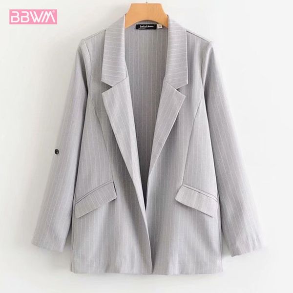 

2019 autumn new women's professional long-sleeved lapel striped suit loose simple wild female jacket gray coat, White;black