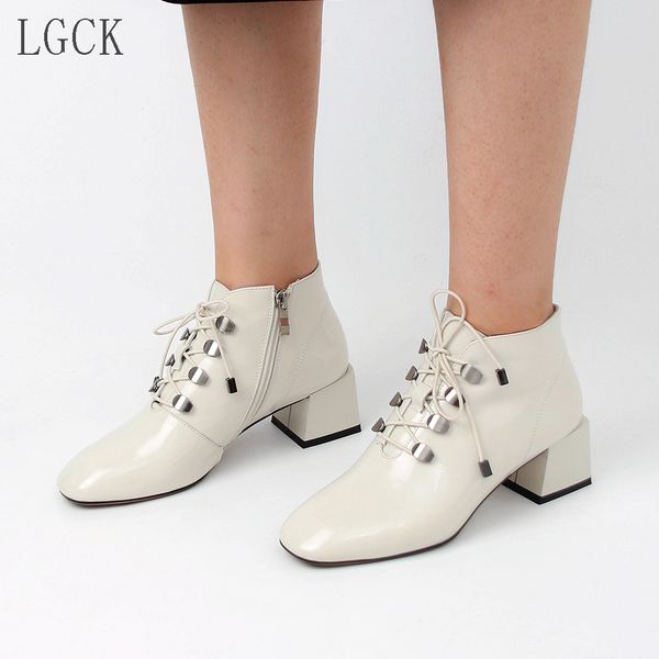 

plus size 34-43 genuine leather women shoes new lace up square low heeled ankle boots fashion office patent leather boots, Black