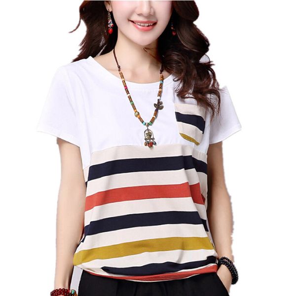 

mujer fashion 2019 patchwork striped t shirt women short sleeves tshirt o-neck loose woman t-shirt mulher plus size clothing, White
