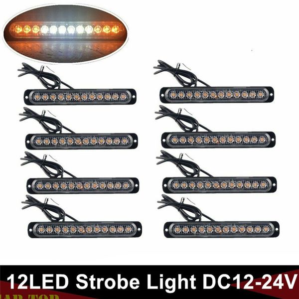 

8pcs truck lights van led turn signal lights 12led amber white strobe light flash warn emergency le trailer 12v-24v