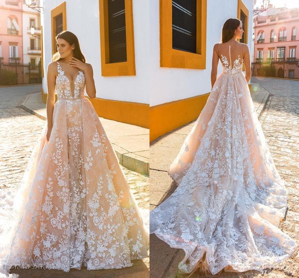 

a line crystal design wedding dresses sleeveless straps deep plunging full embellishment blush color wedding dresses sheer back royal train, White