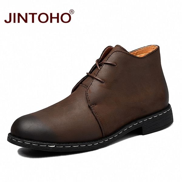 

jintoho fashion genuine leather men boots winter men genuine leather shoes lace up ankle boots casual male winter, Black