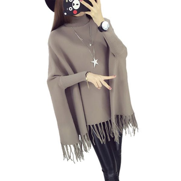 

sweater women 2019 high collar fringed cloak bat sleeve long shirt spring autumn korean sweaters shawl clothing vestidos yf092, White;black