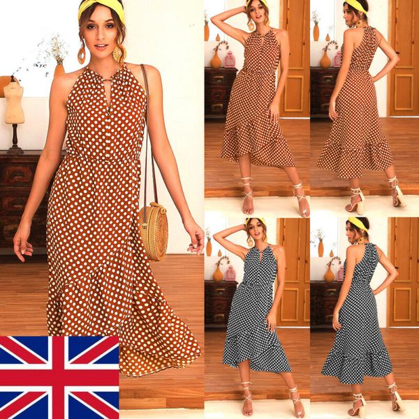 

2019 brand vintage dot long maxi dress womens polka dot halter ruffles sleeveless loose beach dress ladies swing wrap, Black;gray
