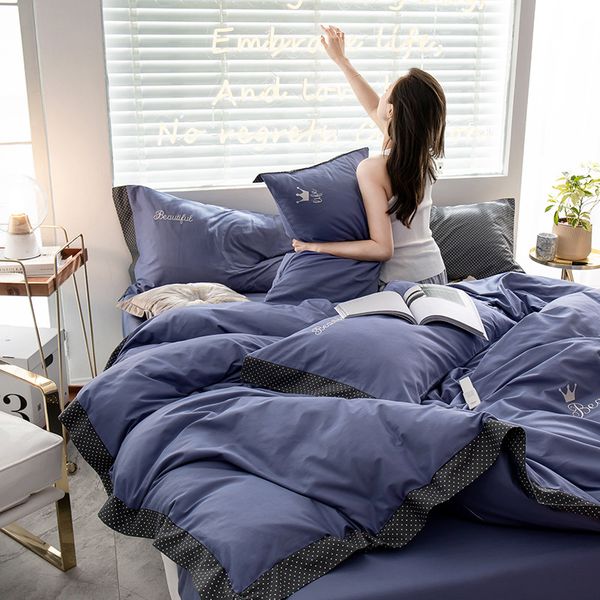 

40s long stapled cotton bed set duvet cover flat fitted bed sheet pillowcases solid purple blue green ruby