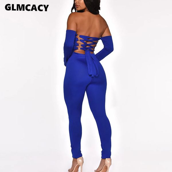 

women long sleeve off shoulder back lace up jumpsuit skinny long pants blue party clubwear chic jumpsuit, Black;white