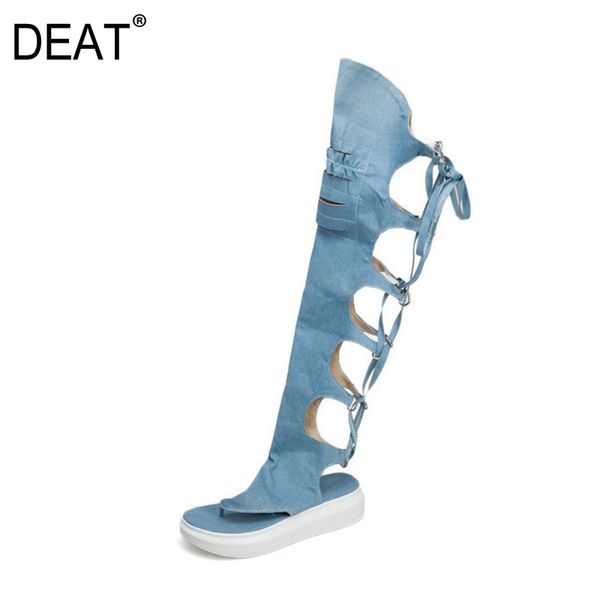 

deat] 2020 round toe hollow out denim bandage single shoes women thick bottom cool boots new spring summer fashion tide 10g191, Black