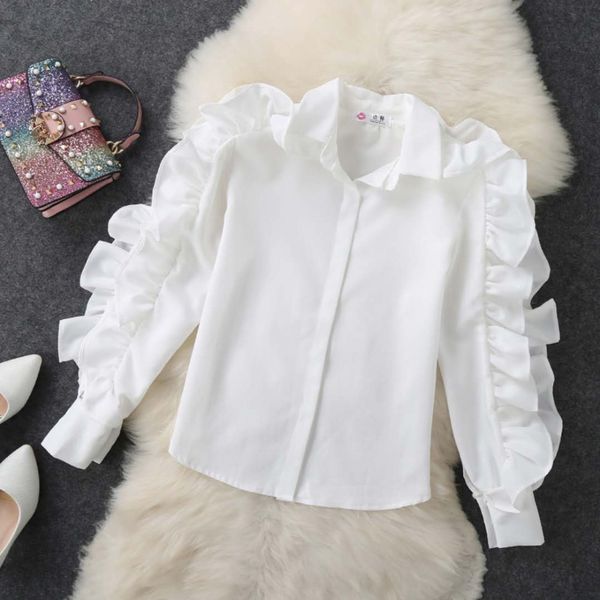 

off shoulder shirt female ruffles patchwork lapel collar zipper long sleeve blouse women 2019 spring korean clothes blusas, White
