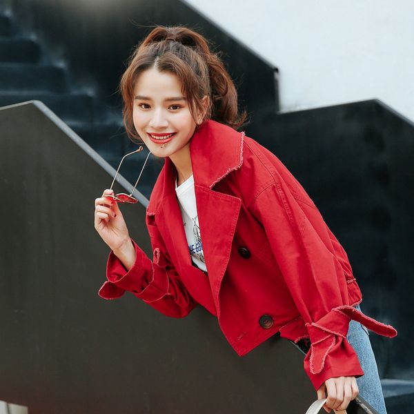 

casual jacket retro red shirt 2018 autumn new korean version of loose fashion personality lapel washed denim jacket female, Black;brown