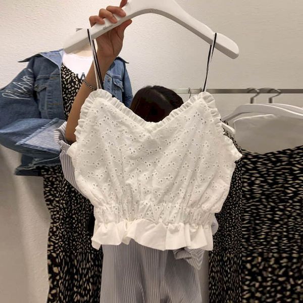 

casual white camis lace girl 2020 summer new lace camisoles women clothes v-neck hollow out short solid white female tee