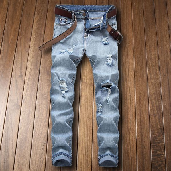 

2019 men jeans hole ripped stretch destroyed hip hop jean homme masculino fashion design men's jean slim jeans for male pants, Blue