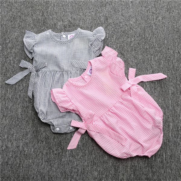 

baby striped rompers infant sleeveless bowknot rompers kids girl summer pink dark blue jumpsuit kids designer clothing