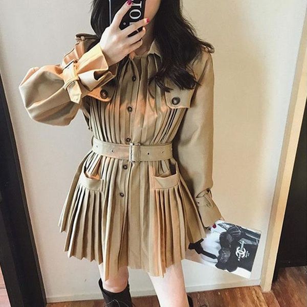 

women's trench coats fashion pleated patchwork lapel collar long sleeve high waist with sashes autumn female windbreaker fy109, Tan;black