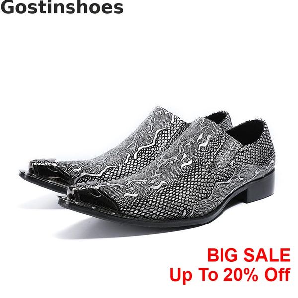 

snakeskin pattern printed men leather shoes metal tipped set foot leisure business shoes casual oxfords for wedding party office, Black