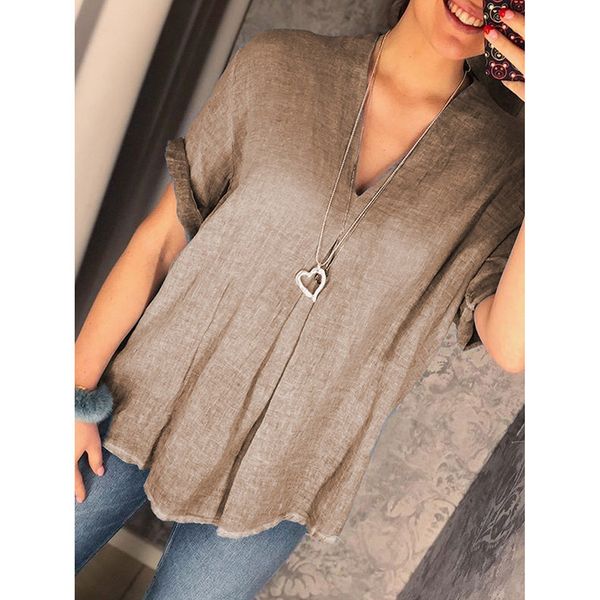 

summer fashion cotton linen blouse ladies loose solid v-neck tee female womens short sleeve shirt blusas femininas clothing, White