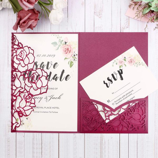 elegant burgundy laser cut wedding invitations cards with rsvp card trifold pocket mis quince anos invitation engagement party invitations free quinceanos invitations