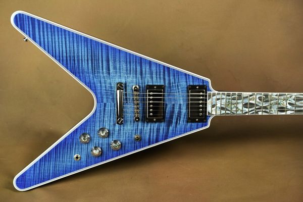 

rare flamethrower flying v ultima fire tiger blue flame maple electric guitar white pearloid & abalone flame inlay, 3 pickups