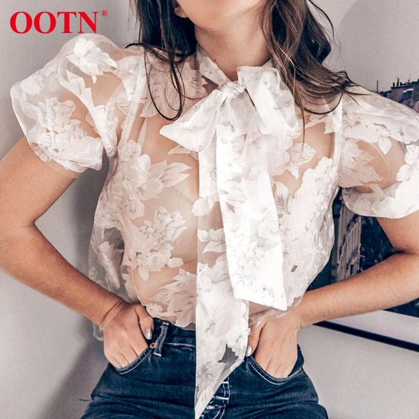 

ootn bow tie neck mesh ladies short sleeve white blouses see through floral print summer women shirt blouse organza