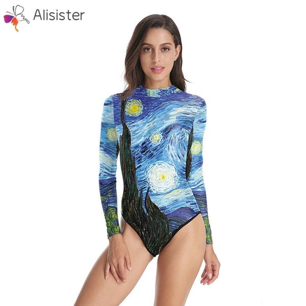 

2019 new van gogh starry night one piece swimsuit long sleeve swimwear women bathing suit funny 3d print surfing swim suits, White;black